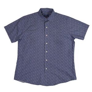 David Donahue Geometric Print Short Sleeve Shirt Mens L Blue Casual Retro Summer